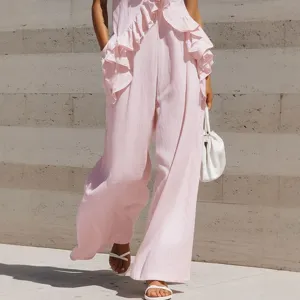 Summer casual pink sleeveless v-neck ruffle cotton linen wide leg jumpsuit for women