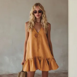 Women V Neck Sleeveless Ruffle Dress Polyester Retro Vacation Style Solid Color Mini A-Line Summer Sun Dress With Tie Knot