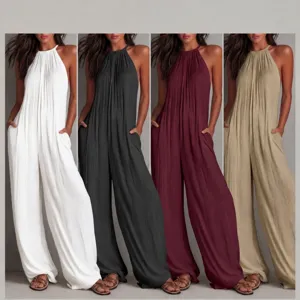 Women's Sexy Backless Halter Neck Pleated Jumpsuit Wide Leg Loose Romper Elegant Sleeveless Solid Color Jumpsuit For Vacation Summer Beach Wear