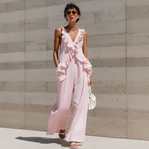 Women's Summer Sleeveless V-Neck Ruffle Jumpsuit Bohemian Solid Color Wide Leg Long Pant Set For Vacation Beach Wear