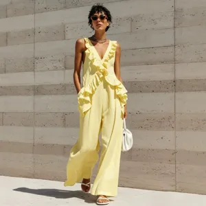 Women Summer Casual V-Neck Ruffle Sleeveless Linen Jumpsuit Solid Color Vacation Outfit