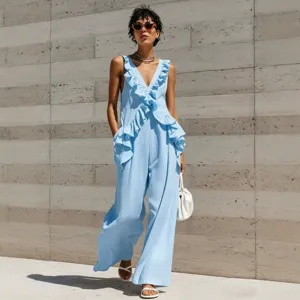 Women summer casual resort ruffle sleeveless V-neck solid color cotton linen jumpsuit