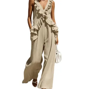 Summer casual womens sleeveless v-neck ruffle solid color linen jumpsuit for holiday beach wear