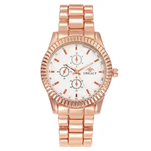 Elegante Roségold Quarzuhr mit Stahlarmband, weißem Zifferblatt und drei Hilfsblättern für Damen.