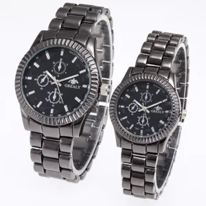 Paar Quarzuhren Edelstahl Armbanduhren schwarzes Zifferblatt Chronograph Geschenk.