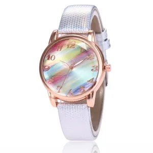 Fashion quartz women's watch with colorful rainbow dial and white textured leather strap.