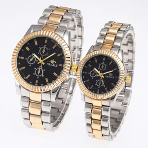 Klassisches Paar-Quarzuhr-Set mit Edelstahlarmband, Chronographen-Zifferblättern und Lünette.