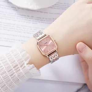 Reloj cuadrado para mujer con elegante correa de acero inoxidable bicolor y movimiento.