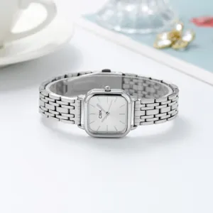 Reloj de cuarzo cuadrado minimalista para mujer con correa de acero, estilo elegante.