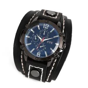 Orologio al quarzo da uomo con cinturino in pelle larga e quadrante blu metallizzato.
