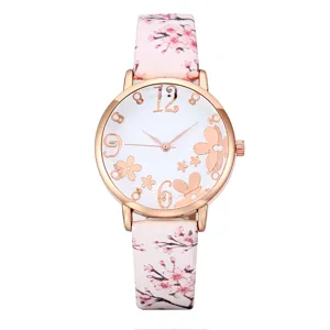 Women quartz watch floral print leather strap rose gold case casual elegant timepiece