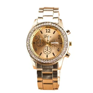 Goldene Strass Quarz Herrenuhr mit Metallarmband und elegantem runden Zifferblatt.