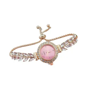 Damen Roségold Quarzuhr mit Zifferblatt rosa Strass Blatt Armband verstellbare Kette