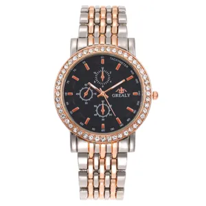 Stainless steel rhinestone quartz watch with black dial and chronograph subdials detail.