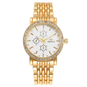 Gold-tone stainless steel quartz watch with rhinestone bezel and white chronograph dial.