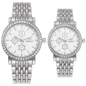 Stainless steel couple quartz watches with rhinestone bezel white dial tachymeter design