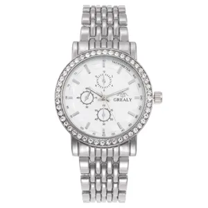 Close-up detail of silver-tone stainless steel men quartz watch with rhinestone bezel and white dial.