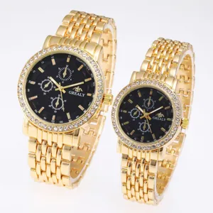Luxury gold-tone quartz couple watches with rhinestone bezel and black chronograph dial.
