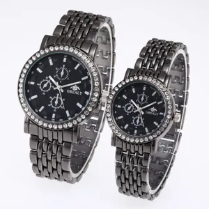 Couple rhinestone steel quartz watch set, black dial, business casual design, fashion detail.