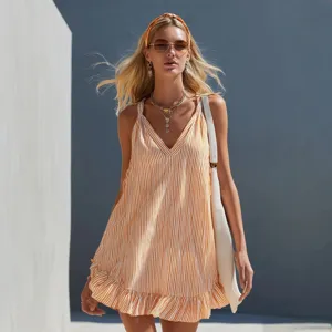 Women Stripe Ruffle Sleeveless V Neck Camisole Mini Dress Summer Beach Vacation Resort Wear Polyester Spandex Dress