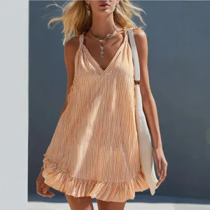 Stylish summer striped V-neck sleeveless spaghetti strap ruffle mini dress for vacation.