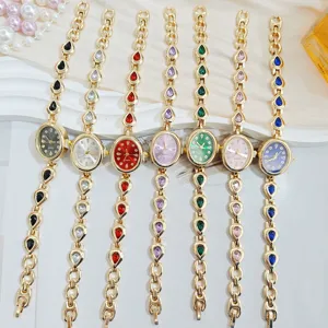 Fashion women quartz watch with colorful teardrop crystal stone golden bracelet strap chic design