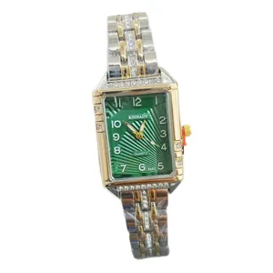 Montre quartz femme élégant cadran vert rectangulaire strass bracelet acier inoxydable