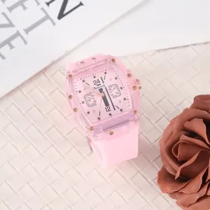 Rosa transparente Tonnen-Quarzuhr mit Silikonarmband, stilvolle lässige Paar-Armbanduhr.