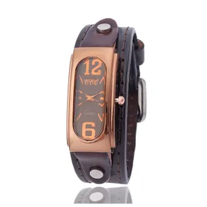 Retro rechteckige Quarzuhr mit echtem Lederarmband und stilvollem Vintage Zifferblatt Design.