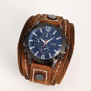 Orologio al Quarzo Uomo Retro Cinturino in Pelle Artificiale Larga Cucito a Mano Stile Vintage Orologio da Polso Uomo Gioielli Moda Accessorio