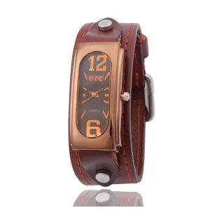 Vintage Quarz Armbanduhr breites Lederband kupferfarbenes eckiges Gehaeuse Modestil Freizeituhr