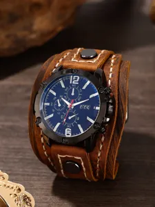 Orologio uomo al quarzo in vera pelle vintage, vista dettaglio, cinturino largo con cuciture.