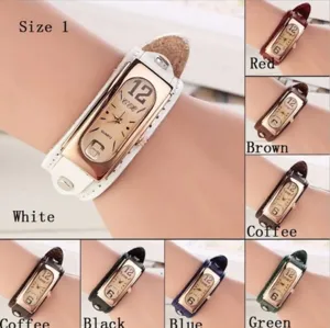 Elegante vintage rechteckige Damenuhr mit echtem Lederarmband in verschiedenen tollen Farben.