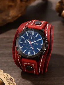 Orologio Uomo Vintage Cinturino in Pelle Largo Quarzo Quadrante Blu Casual Artigianale