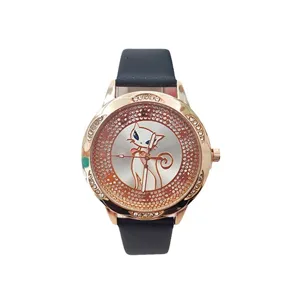Orologio quarzo strass donna con cinturino pelle nera e quadrante gatto carino design.