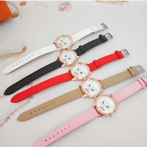 Orologio al quarzo donna gatto strass alla moda, cinturino cartoon carino, multicolore.