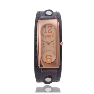 Vintage rechteckige Damen Quarzarmbanduhr mit braunem Lederarmband Rosegold Gehäuse