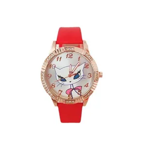 Orologio da donna al quarzo con strass, cinturino rosso e quadrante con gattino grazioso.