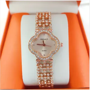 Elegante Orologio al Quarzo Quadrifoglio Strass Oro Rosa Donna Moda Bracciale