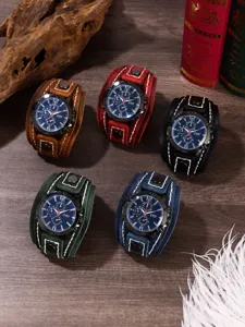 Orologio da uomo vintage al quarzo con cinturino in pelle larga e quadranti multipli.