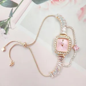 Elegante Damen-Quarzuhr mit Strass, quadratischem Zifferblatt und verstellbarem Armband rosa.