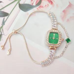 Quadratische Damen-Uhr mit grünem Zifferblatt und Strass verstellbare Armbanduhr