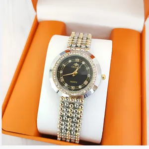 Detail view of women's quartz rhinestone watch with black dial and multi-strand bracelet.