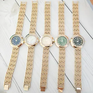 Fashion luxury women quartz watch with diamond bezel and gold bead strap for daily wear