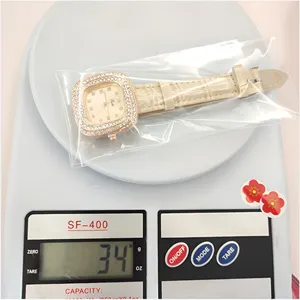 Square rhinestone women quartz watch with leather strap, elegant daily wrist watch detail view.