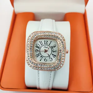 Square rhinestone women watch white leather strap elegant quartz wristwatch ladies gift