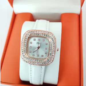 Women square quartz watch with rhinestone bezel white leather strap elegant fashion timepiece