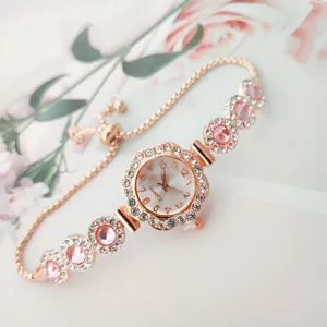 Fashion Women Bracelet Watch Luxury Rhinestone Inlaid Rose Gold Alloy Quartz Wristwatch With Pull-out Adjustable Chain For Ladies Gift