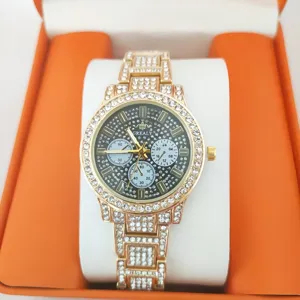 Luxe strass bezet kwarts horloge voor heren en dames gouden stalen band chronograaf