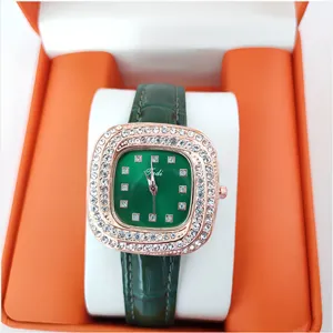 Women Fashion Square Rhinestone Quartz Watch Luxury Faux Leather Band Analogue Ladies Wristwatch Elegant Decorative Female Watch